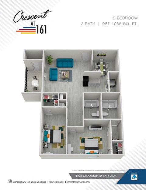Floor plan for 2 beds, 2 baths, 987 sqft